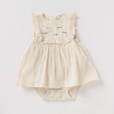 ヨークフリル花刺しゅうワンピースロンパース