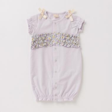 オーガニックコットン 花柄フリル肩リボン2WAYオール