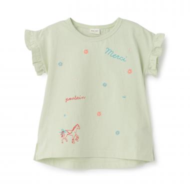 袖フリル刺しゅうTシャツ